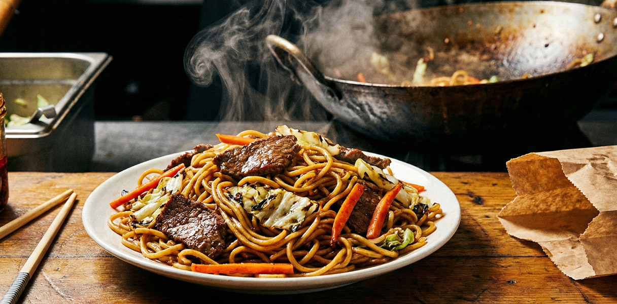 Nouilles chinoises sautées avec lanières de bœuf et chou