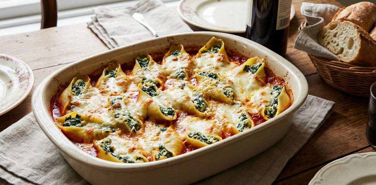 Grosses coquilles de pâtes remplies de fromage blanc dans une sauce tomate