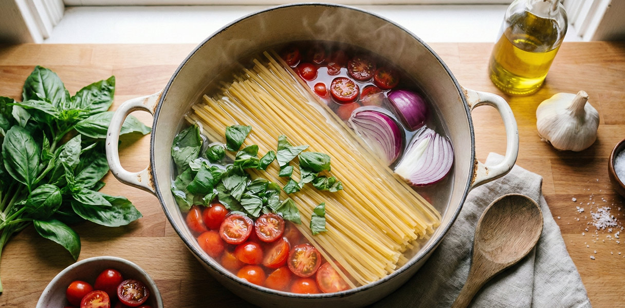 Casserole vue de haut avec linguine tomates oignons et eau avant cuisson