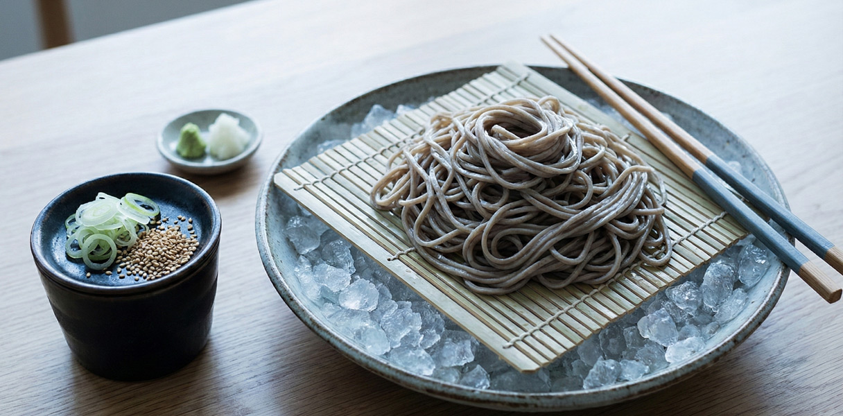 Nouilles brunes soba sur un lit de glace avec trempette soja à côté