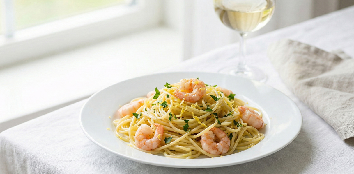 Spaghetti brillants avec zestes de citron et crevettes roses