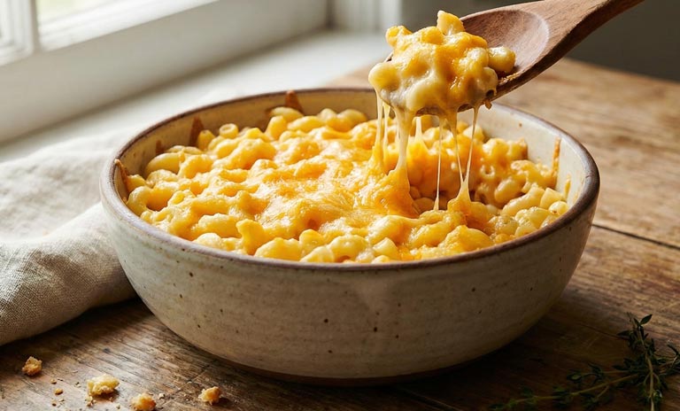 Bol de macaroni au fromage fondant avec une croûte dorée