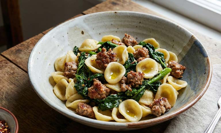 Petites pâtes en forme d'oreille avec morceaux de saucisse et légume vert foncé