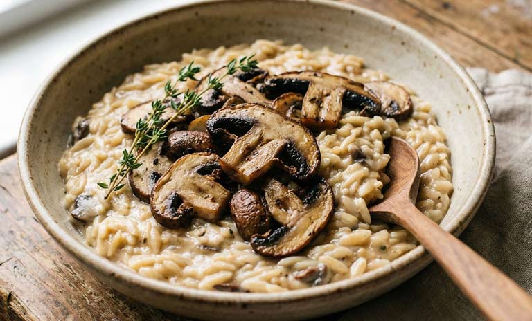 Bol d'orzo crémeux beige avec tranches de champignons rôtis