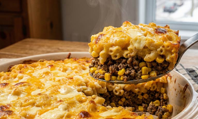 Plat à gratin montrant l'étage viande maïs et pâtes gratinées dessus