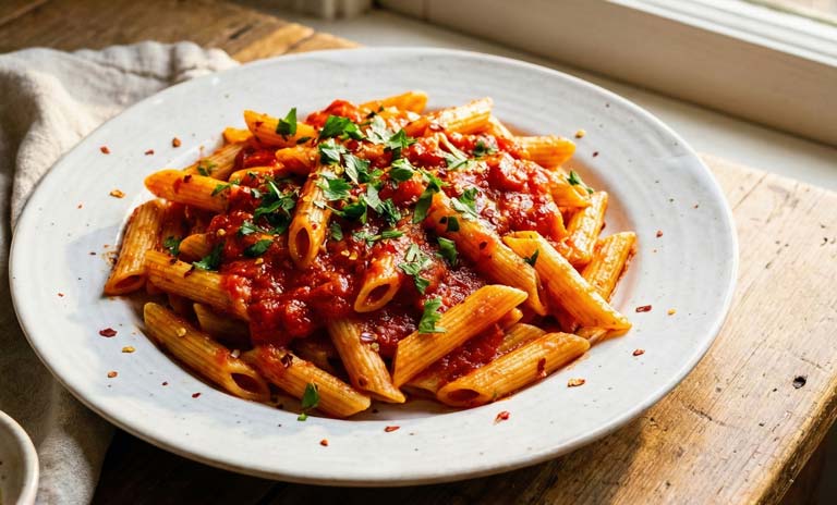 Penne rigate enrobés de sauce rouge vif avec persil frais