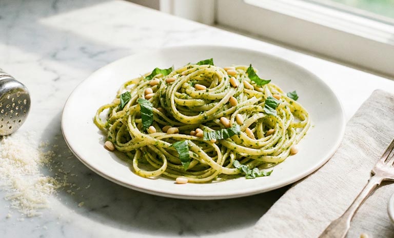 Linguine vert vif enrobés de pesto avec feuilles de basilic frais