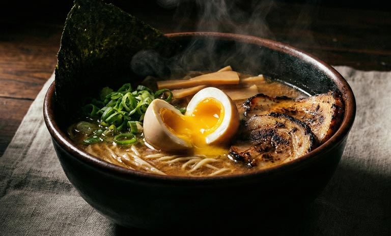 Bol de ramen fumant avec œuf mollet, poulet grillé et oignons verts