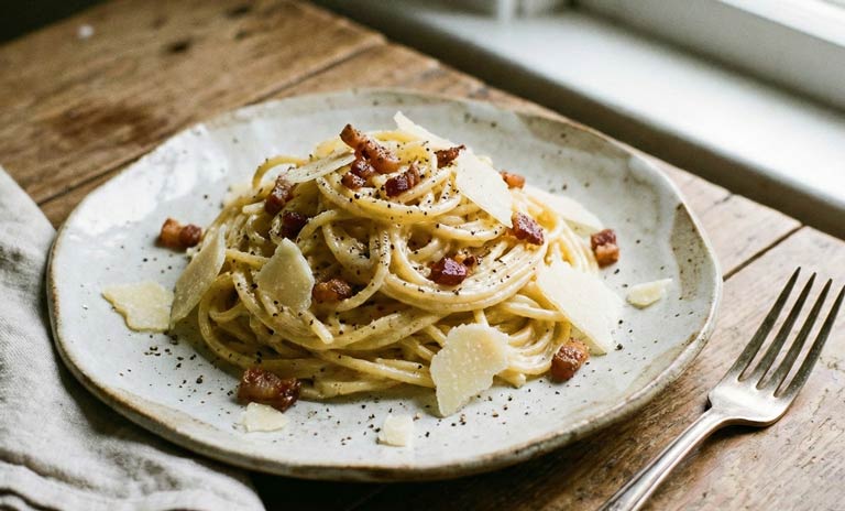 Assiette de spaghetti carbonara crémeux avec beaucoup de poivre noir et du fromage râpé