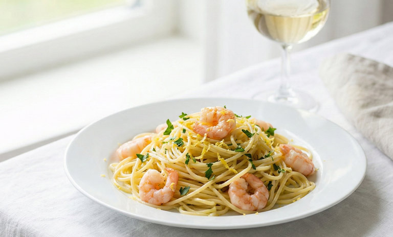 Spaghetti brillants avec zestes de citron et crevettes roses